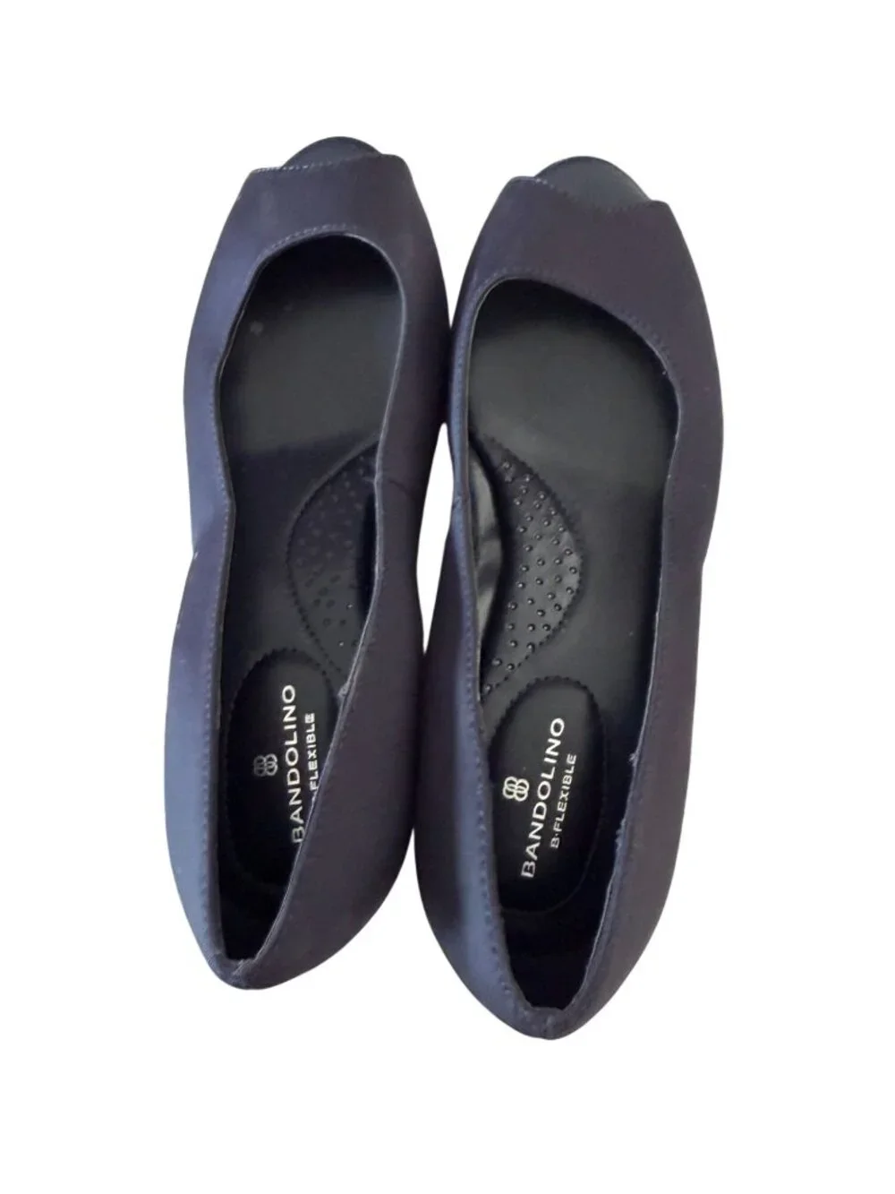 BANDOLINO Navy Fabric Peeptoe Wedges Size 7.5W
